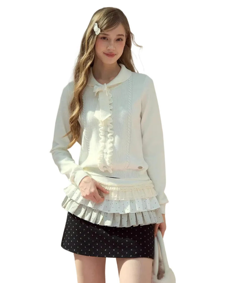 Ruffle Trim Bow Wool Sweater
