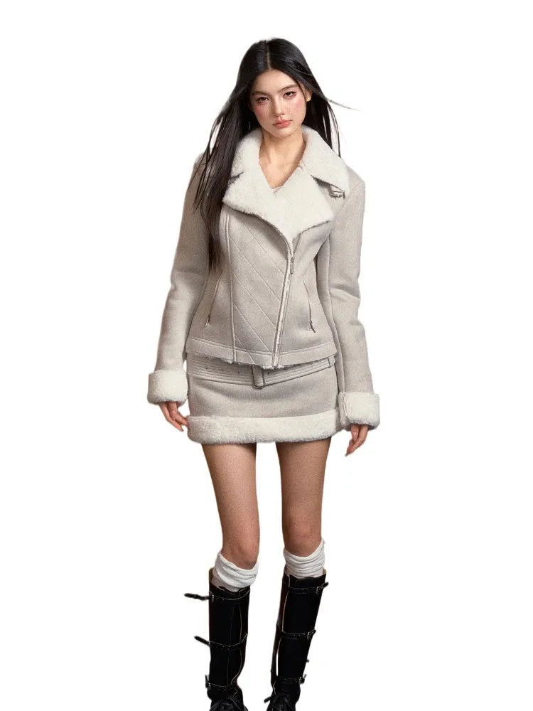 Faux Fur Slim-Fit Jacket & Skirt Set
