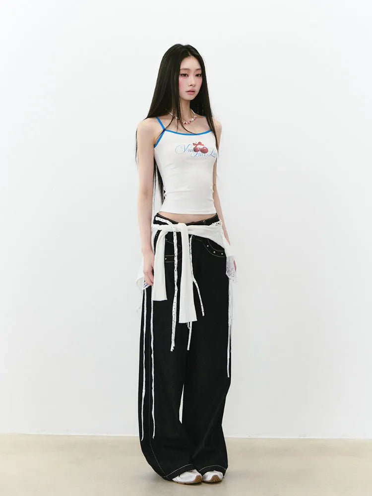 Irregular Waist Original Color Wide-Leg Denim Pants