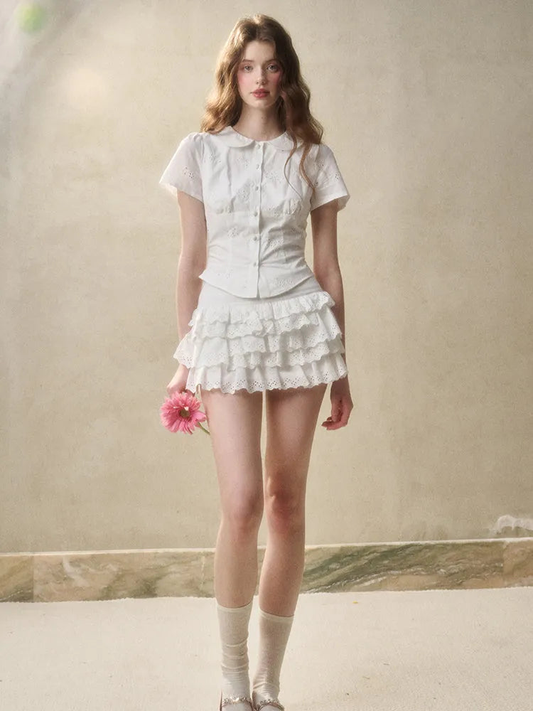 Embroidered Lace Waist Shirt & Skirt Set