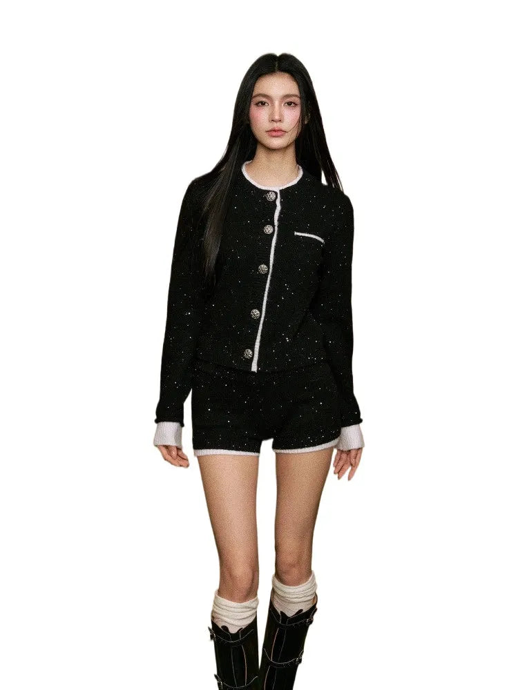 Sequin Faux Two-Piece Cardigan & Shorts Set