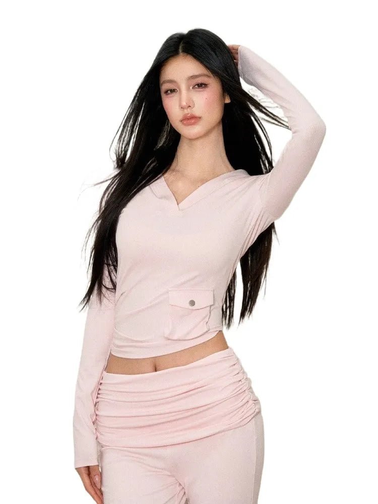 Pink & Black V-Neck Hoodie & Pants Set