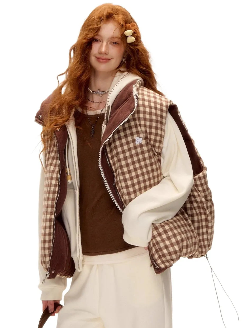 Reversible Plaid Lace-Trim Padded Vest