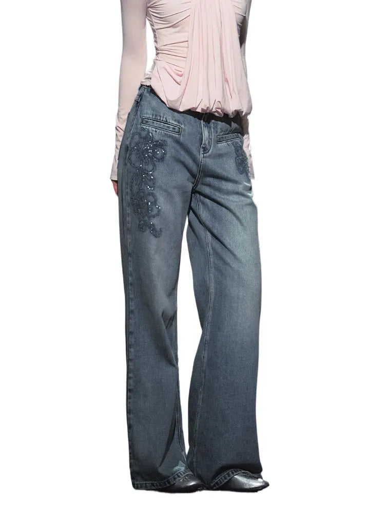 Beaded Embroidery Wide-Leg Straight Jeans