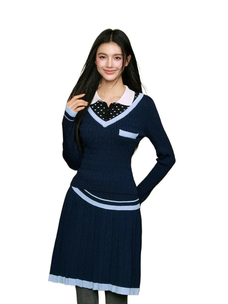 Faux Two-Piece Polka Dot Polo Shirt & Pleated Skirt Set