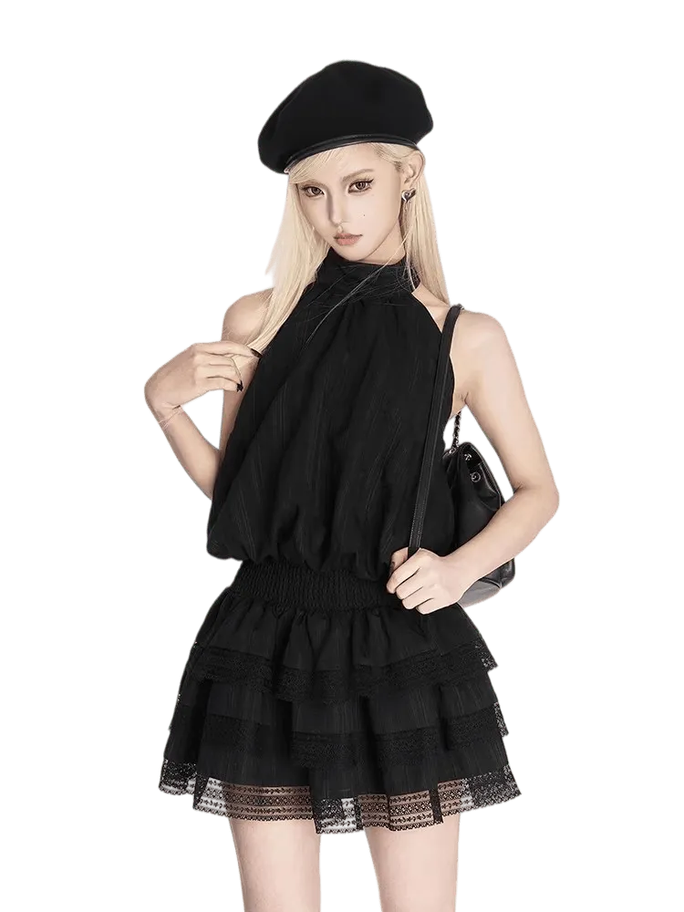 Vintage Stripe Halter Backless Tiered Dress