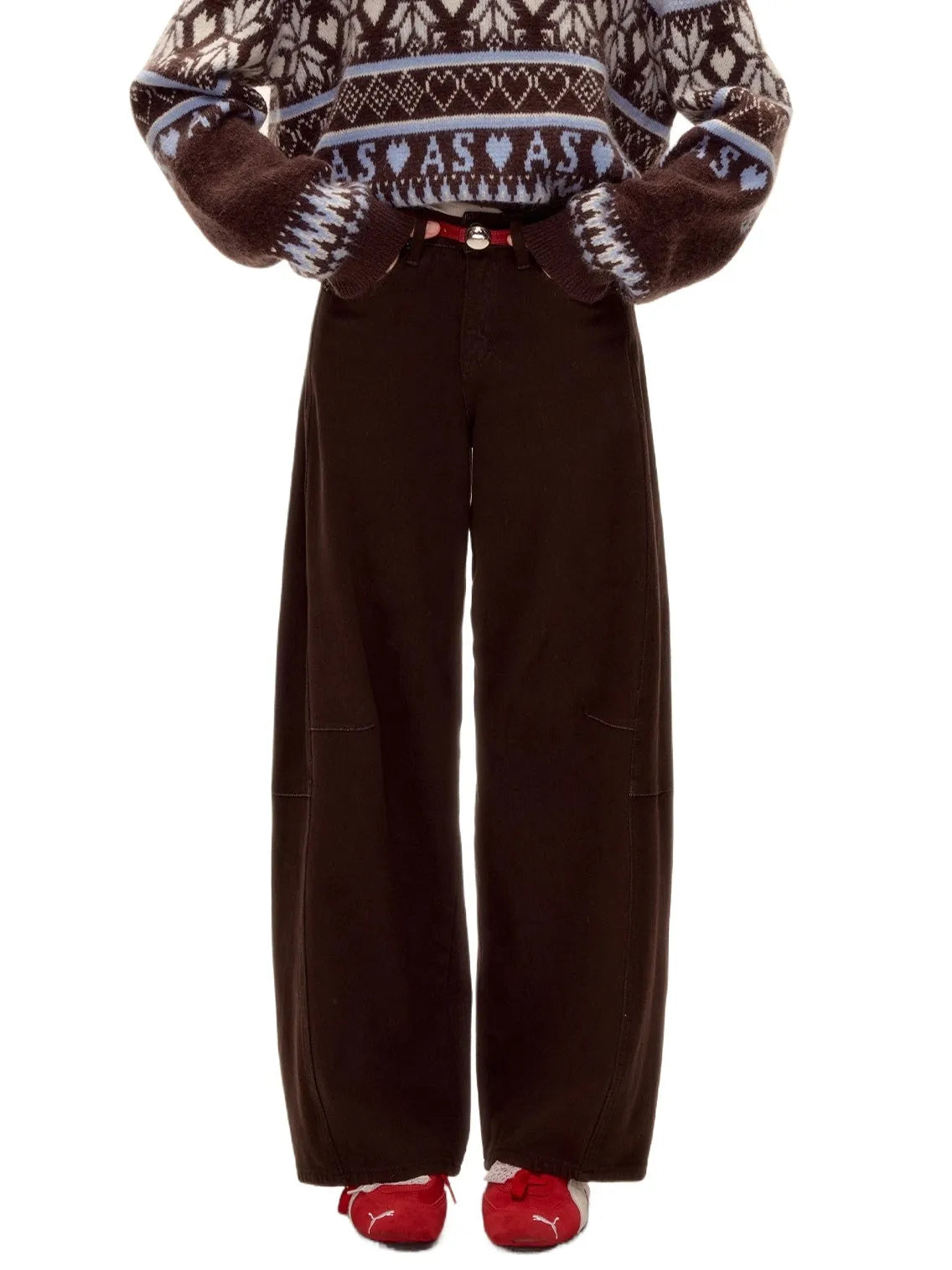 Red Belt Decor Curved-Hem Denim Wide-Leg Jeans