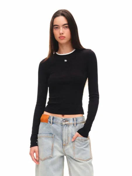 Contrast-trim Regular-shoulder Long-Sleeve T-shirt