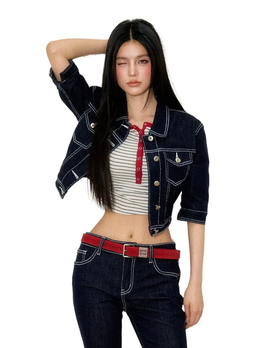 Color-Contrast Denim Jacket & Pants Set