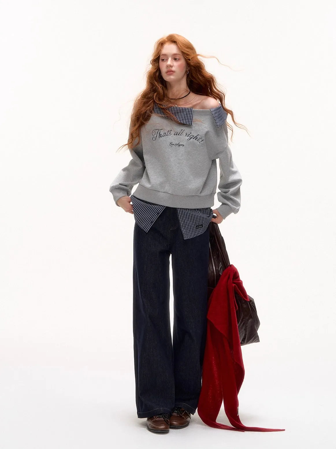 Off-Shoulder Plaid Patchwork Embroidered Sweatshirt