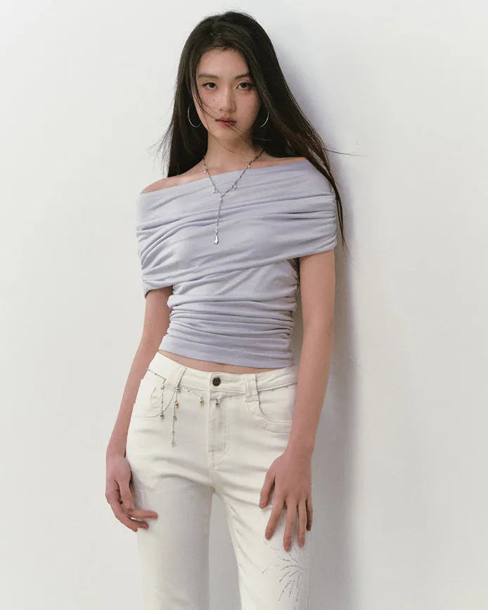 Rhinestone Off-the-Shoulder Pure-Desire Style T-shirt