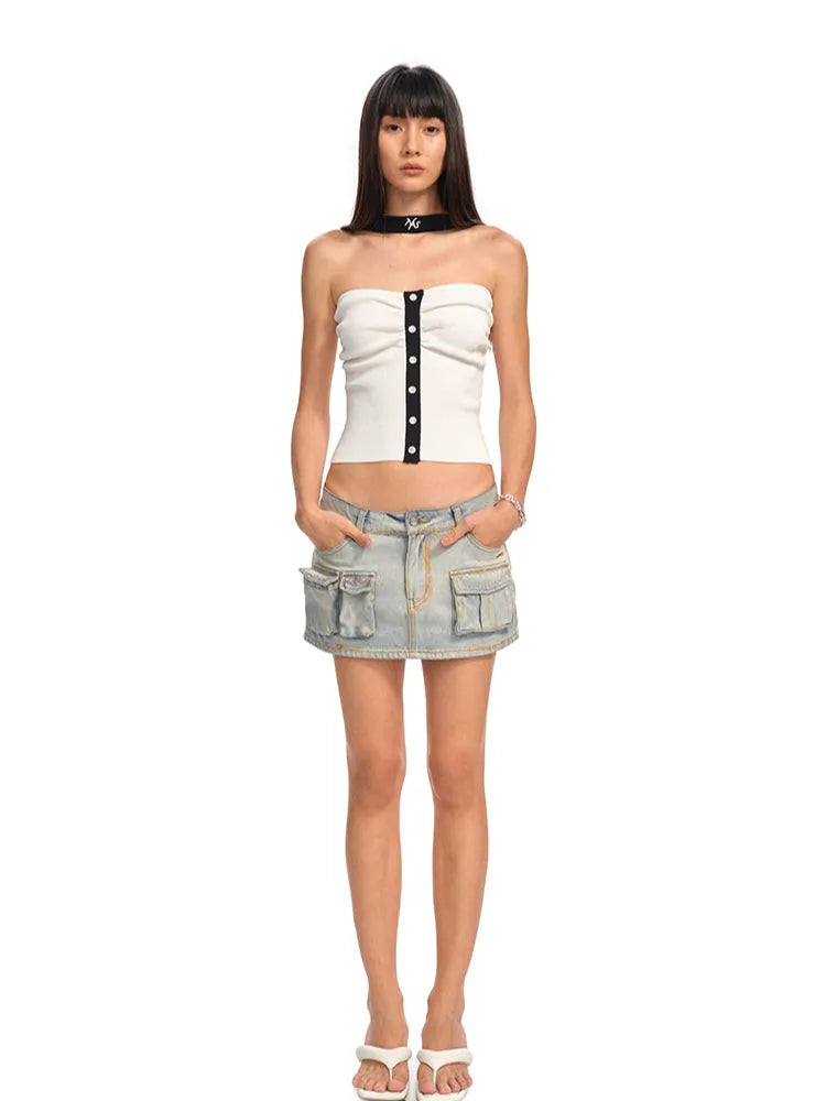 Asymmetric Low - Waist Denim Mini Skirt