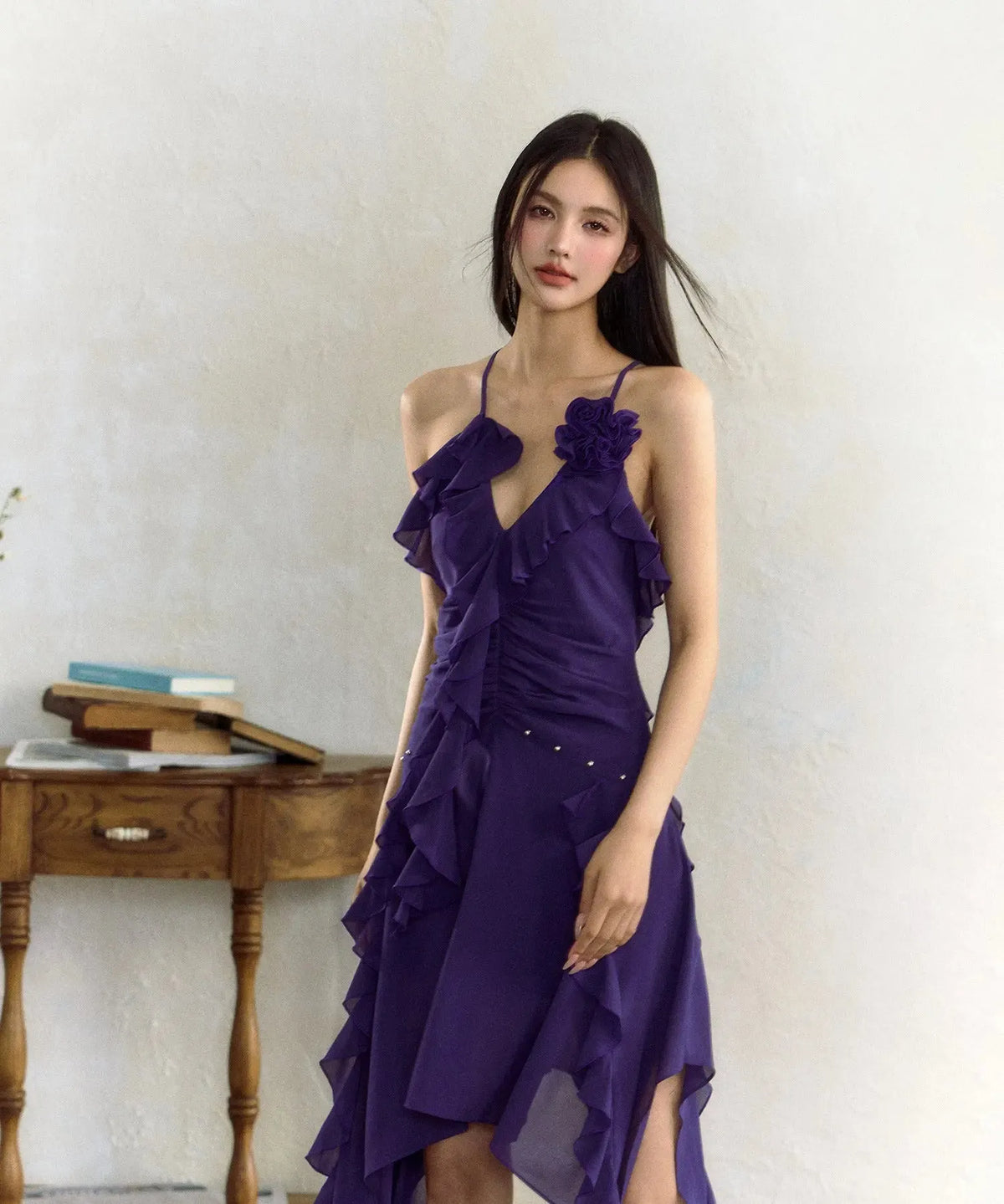 Rose Ruffle Trim Sling Dress