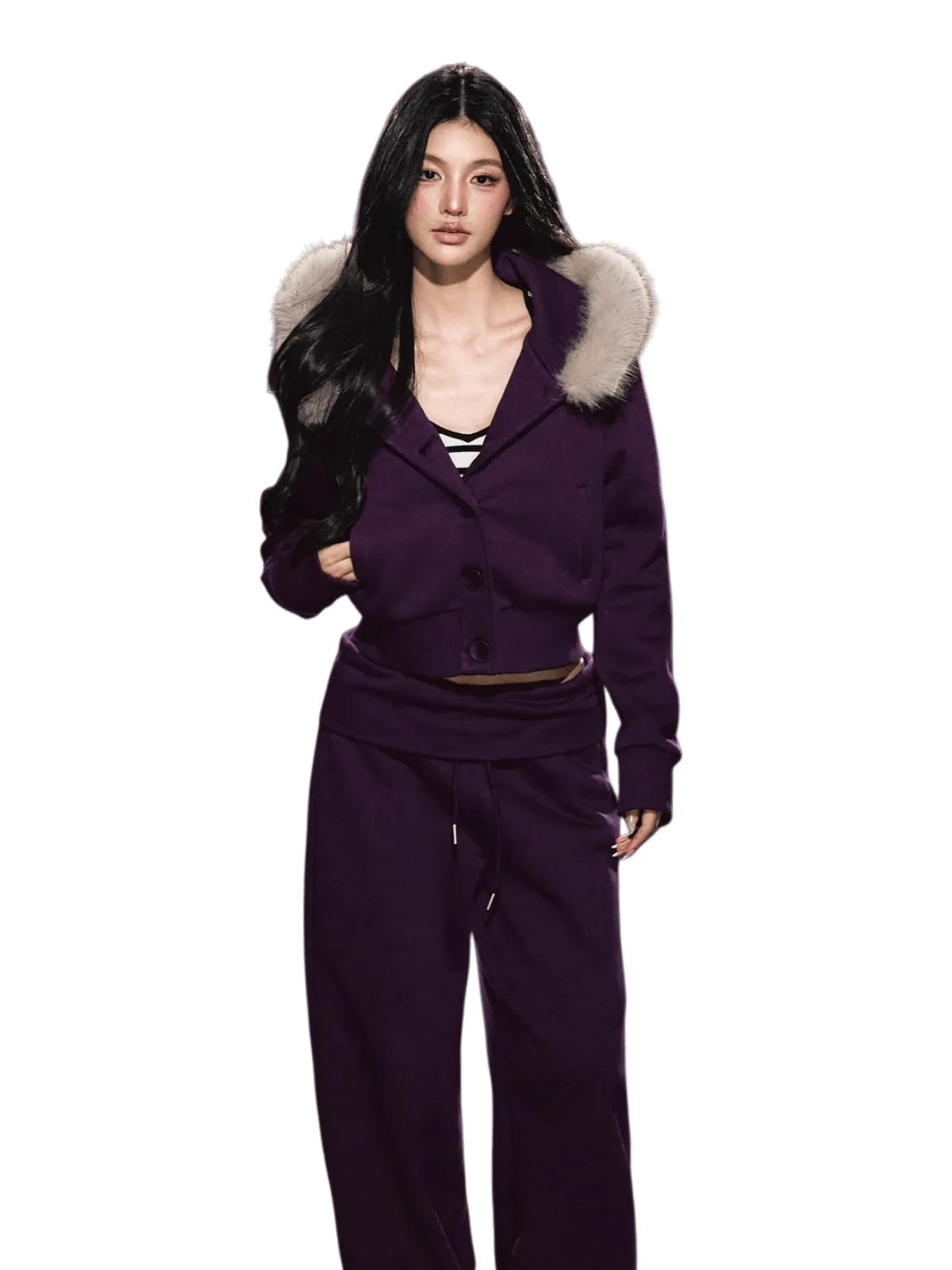 Faux Fur Hooded Cropped Hoodie & Jogger Set