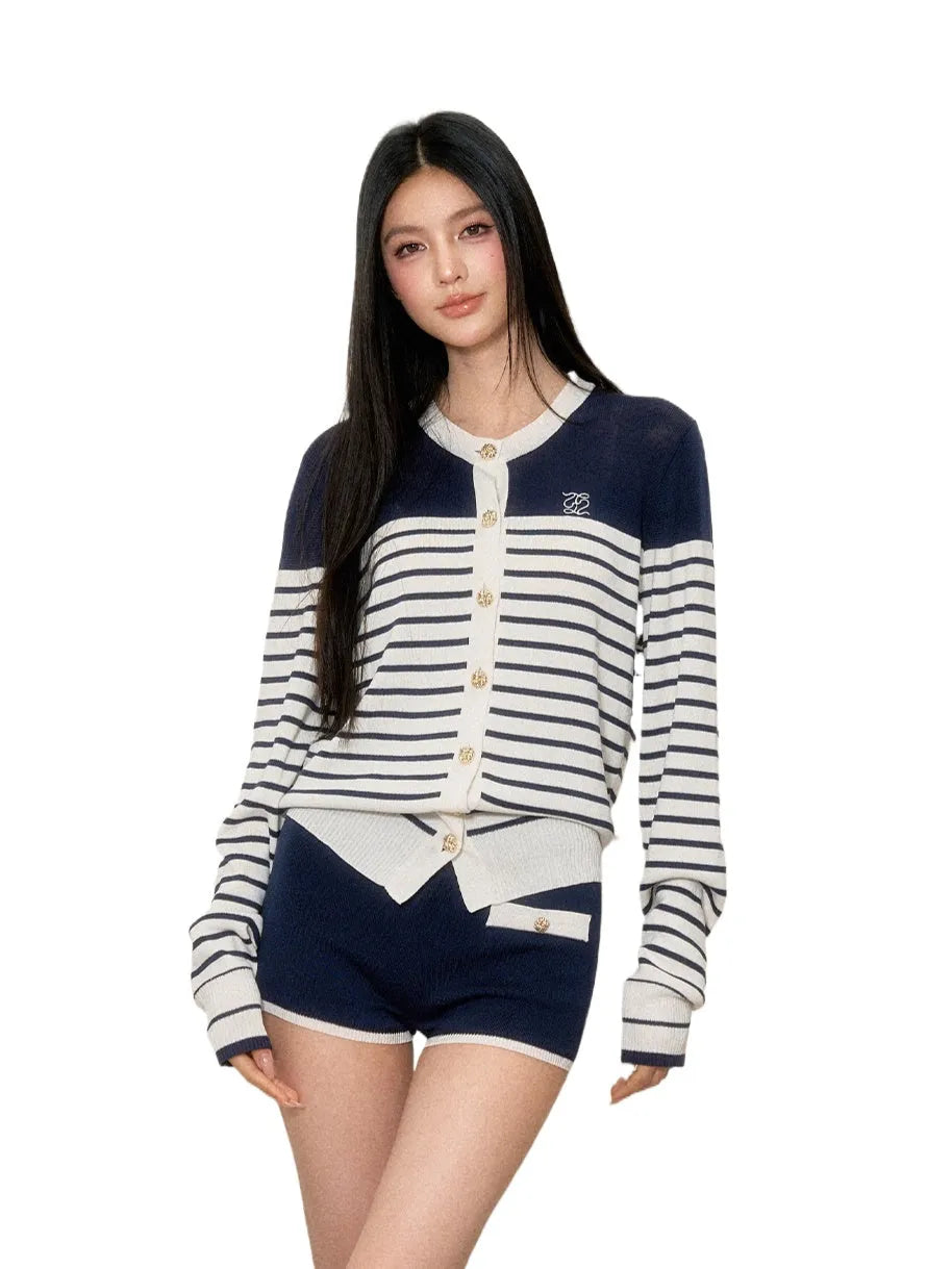 Lyocell Striped Contrast Cardigan & Shorts Set
