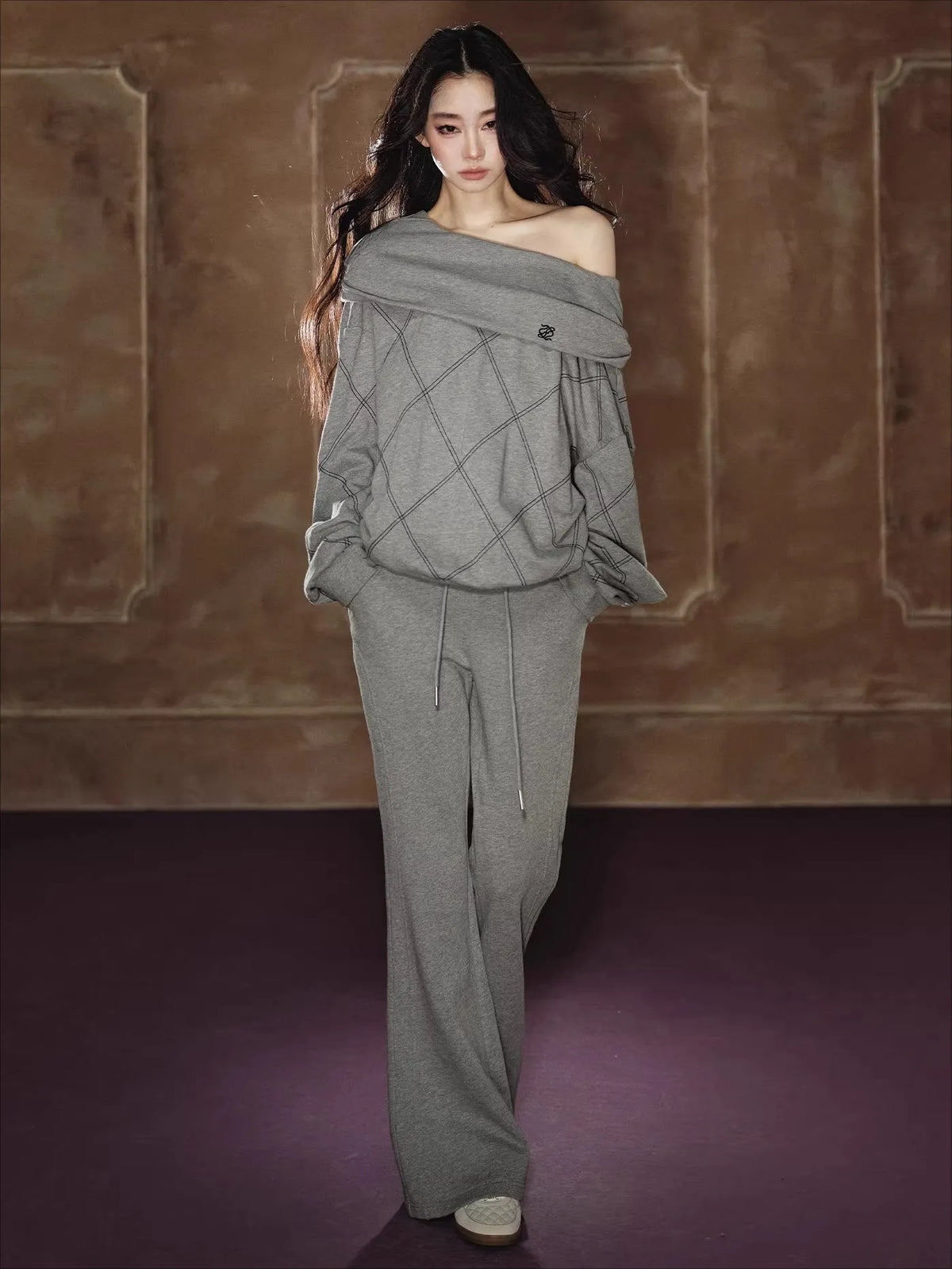 Off-Shoulder Sweatshirt & Flared Wide-Leg Sweatpants Set