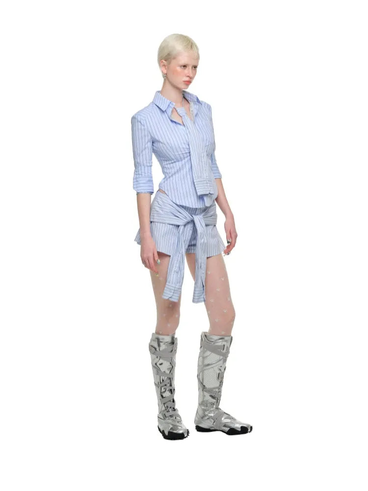 Faux Two-Piece Buttoned Slim Fit Shirt & Skirt Set