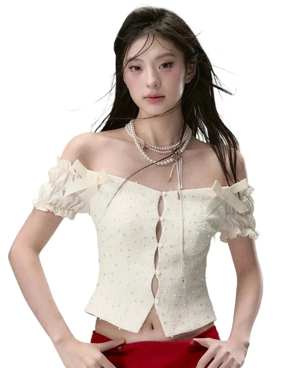 Off-the-Shoulder Sparkly 3D Pearl Mesh Blouse