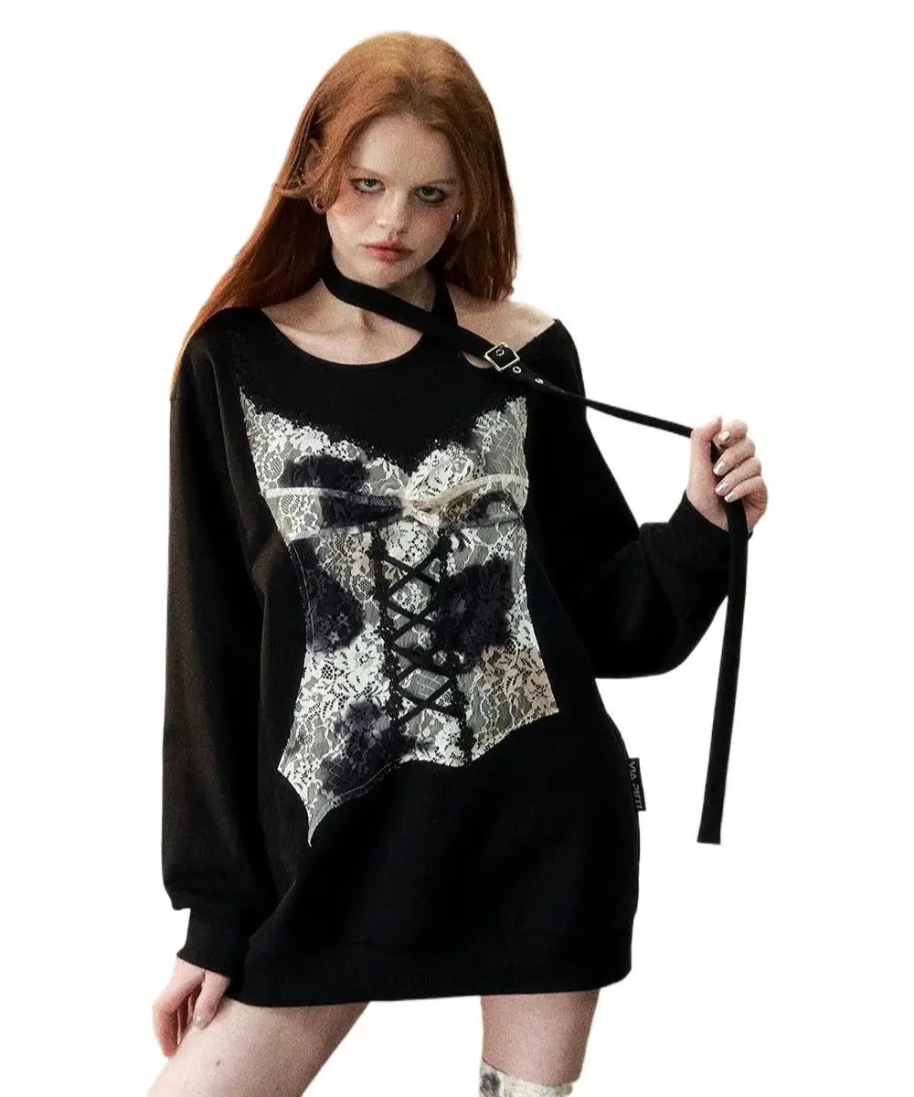 Off-white & Black Lace Spliced T-shirt