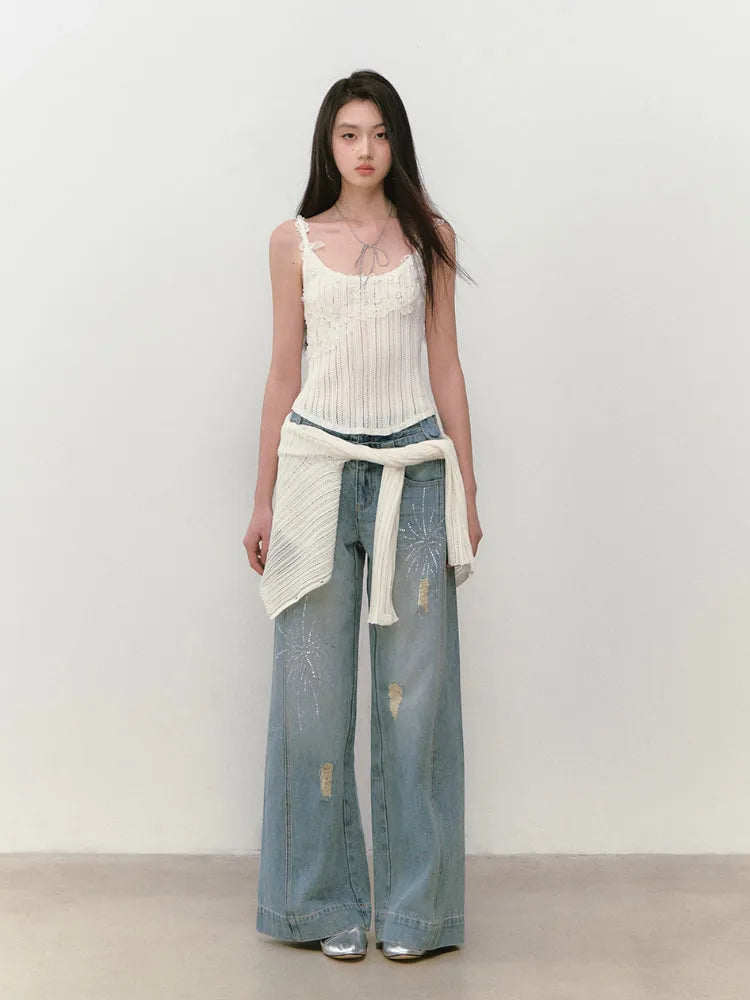 Rhinestone Double-Waistband Straight-Leg Jeans