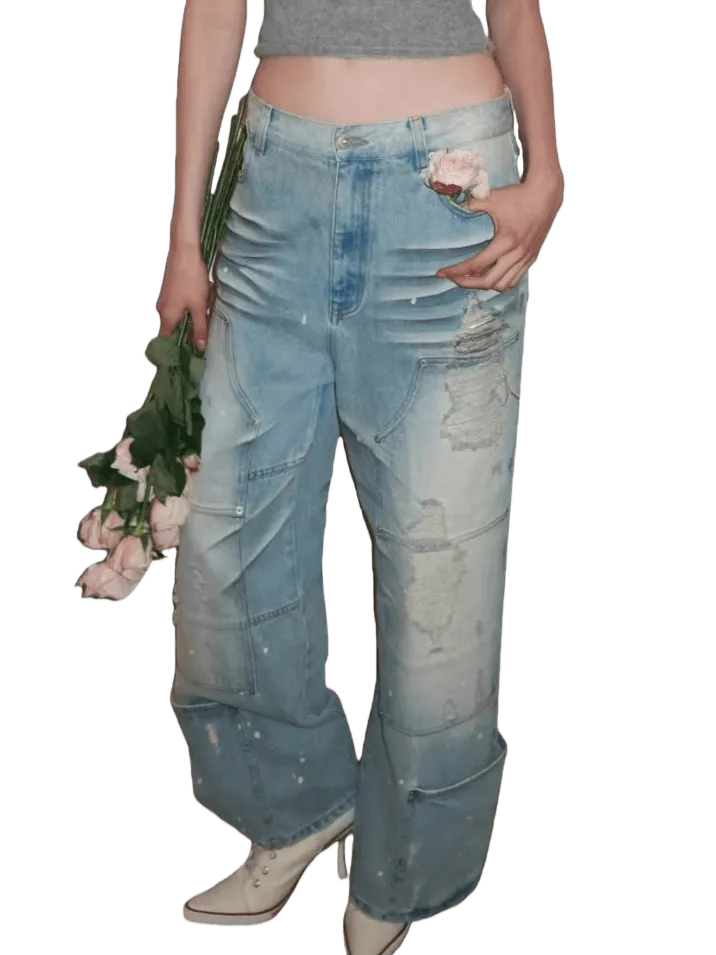 Washed Distressed Low-Rise Straight-Leg Jeans