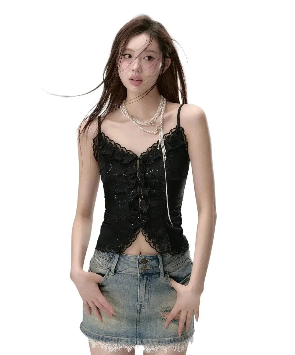 Sparkly Lace Ruffled Edge Tank Top
