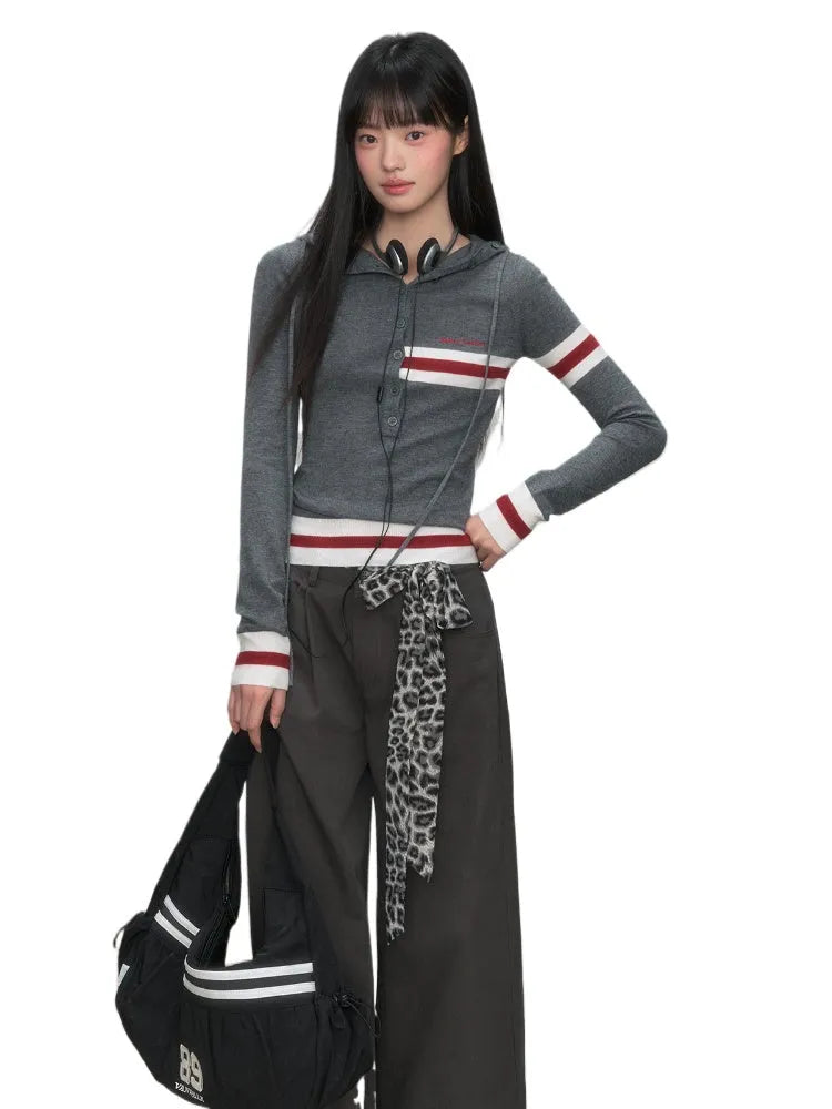 Color Block Striped Hooded Knitted T-shirt