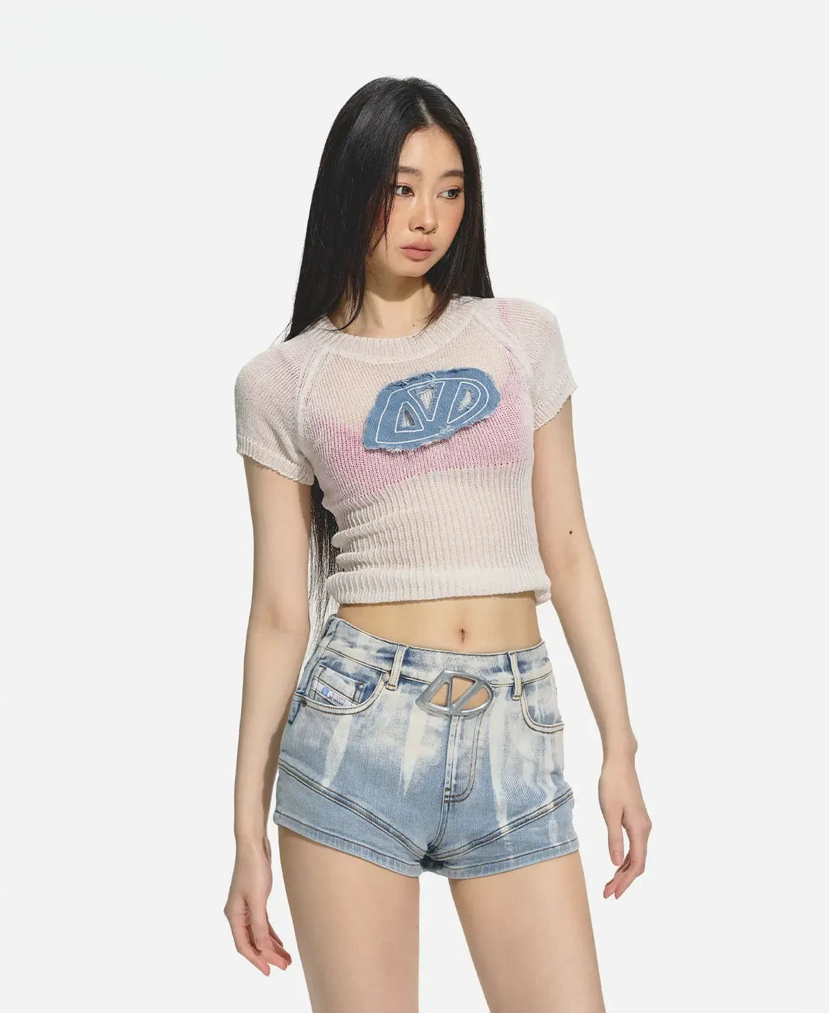 Denim Embroidered Knitted Crewneck Tee