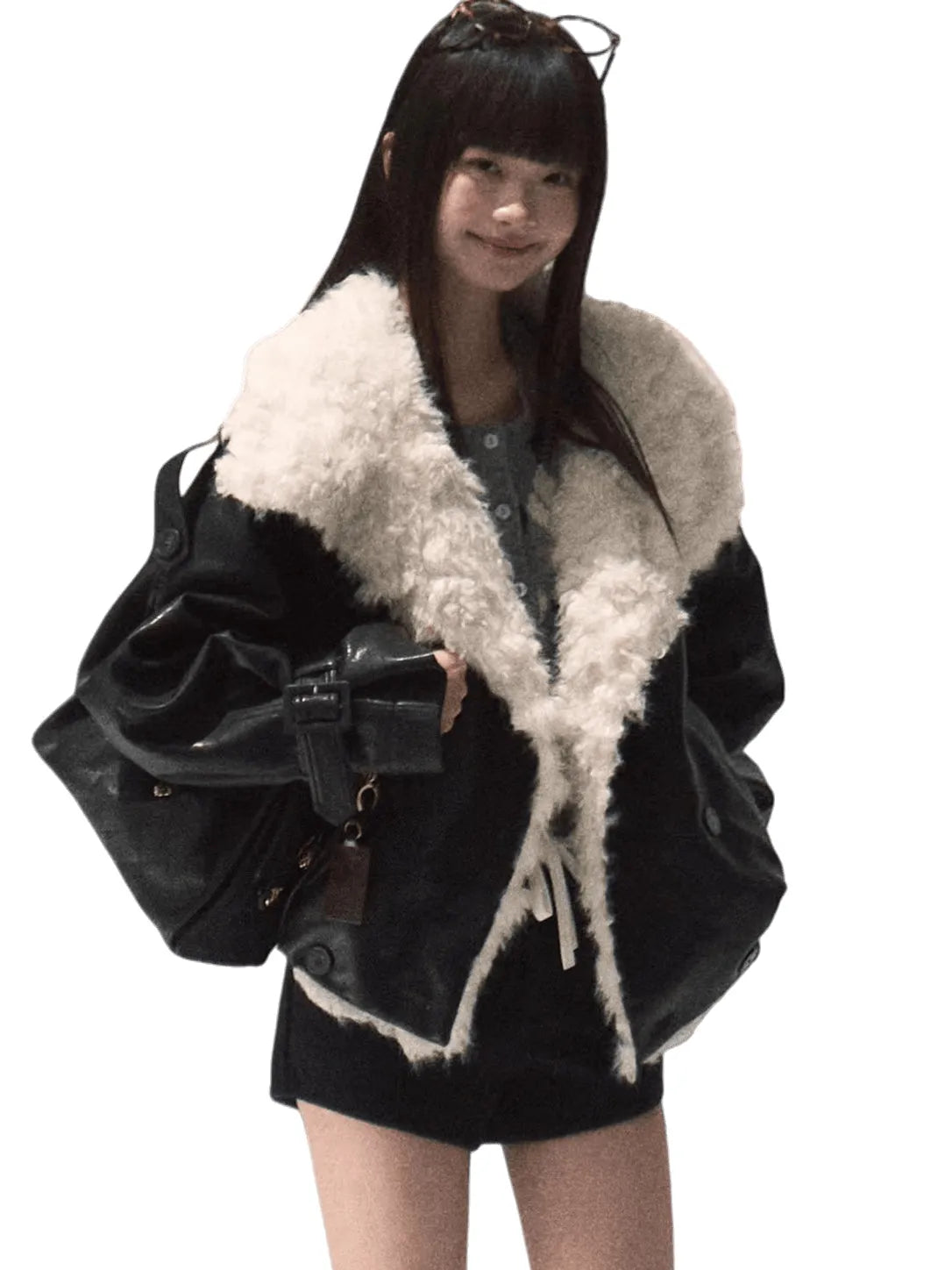 Shearling-Style  Leather Jacket Black