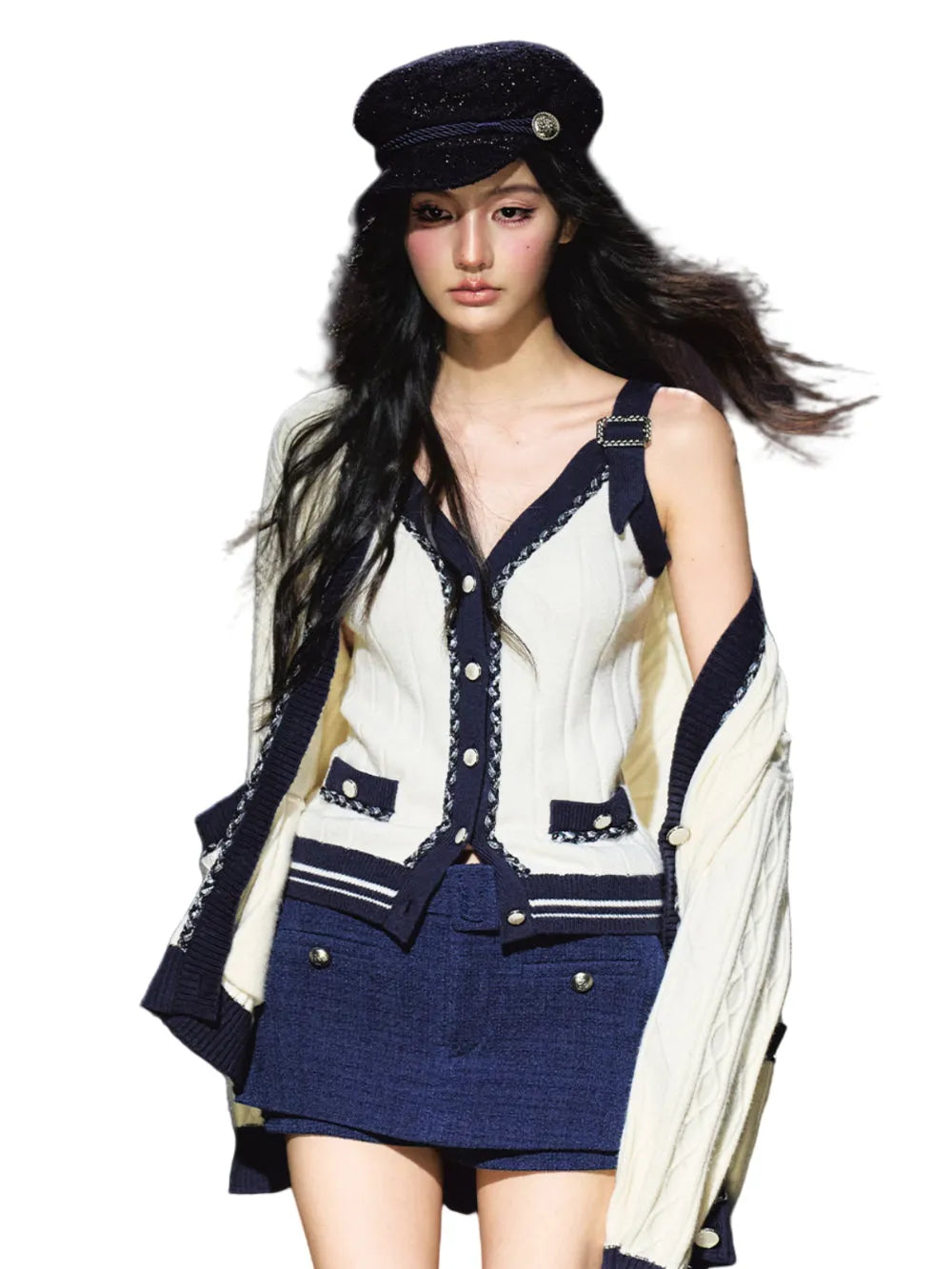 Contrast-Trim Knit Cardigan & Vest Set