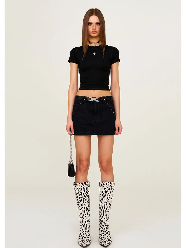 Leopard Print Mid - High Waist Rivet Midi Skirt