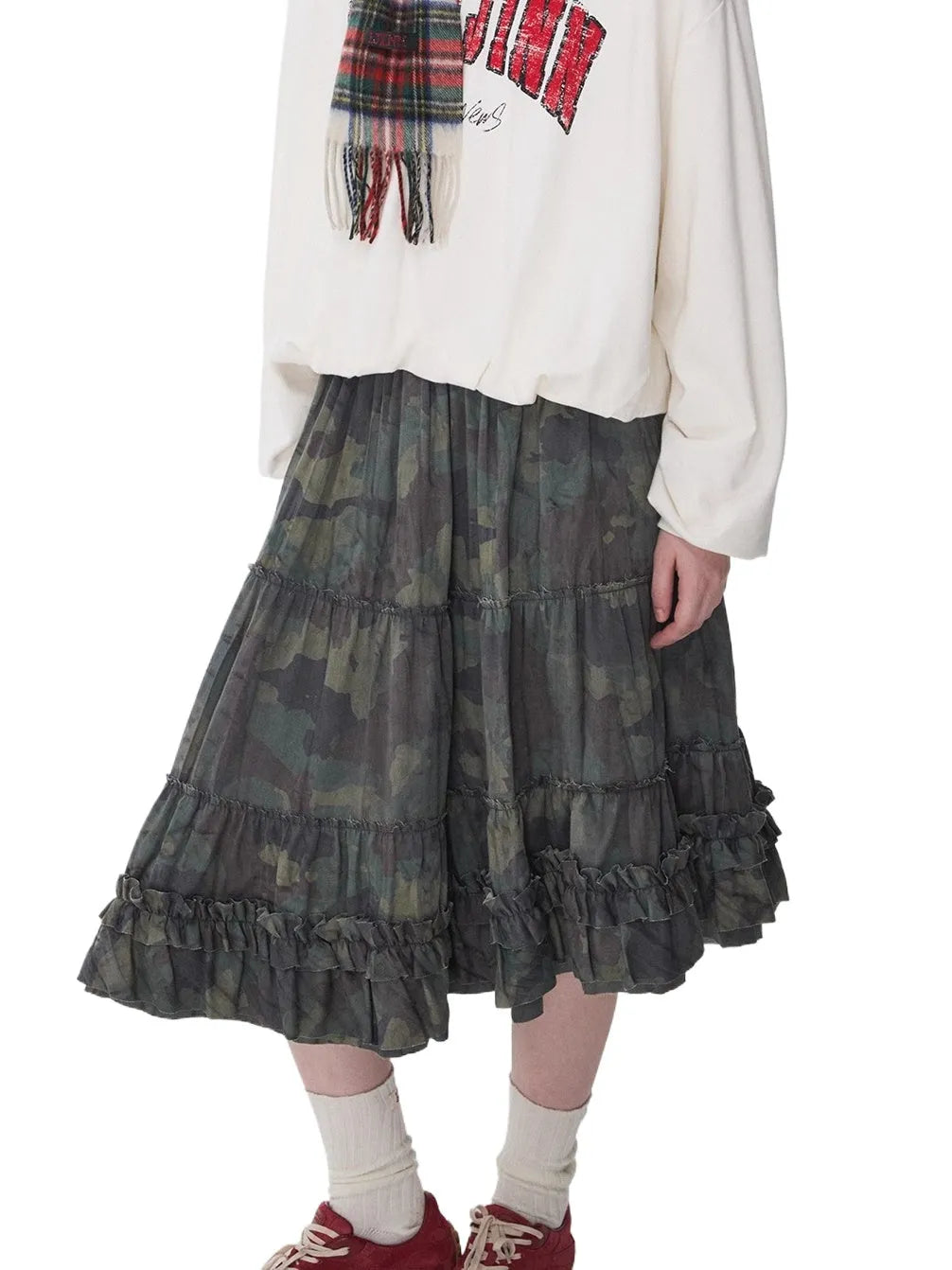 Camouflage Raw-Edge Ruched Layered Skirt