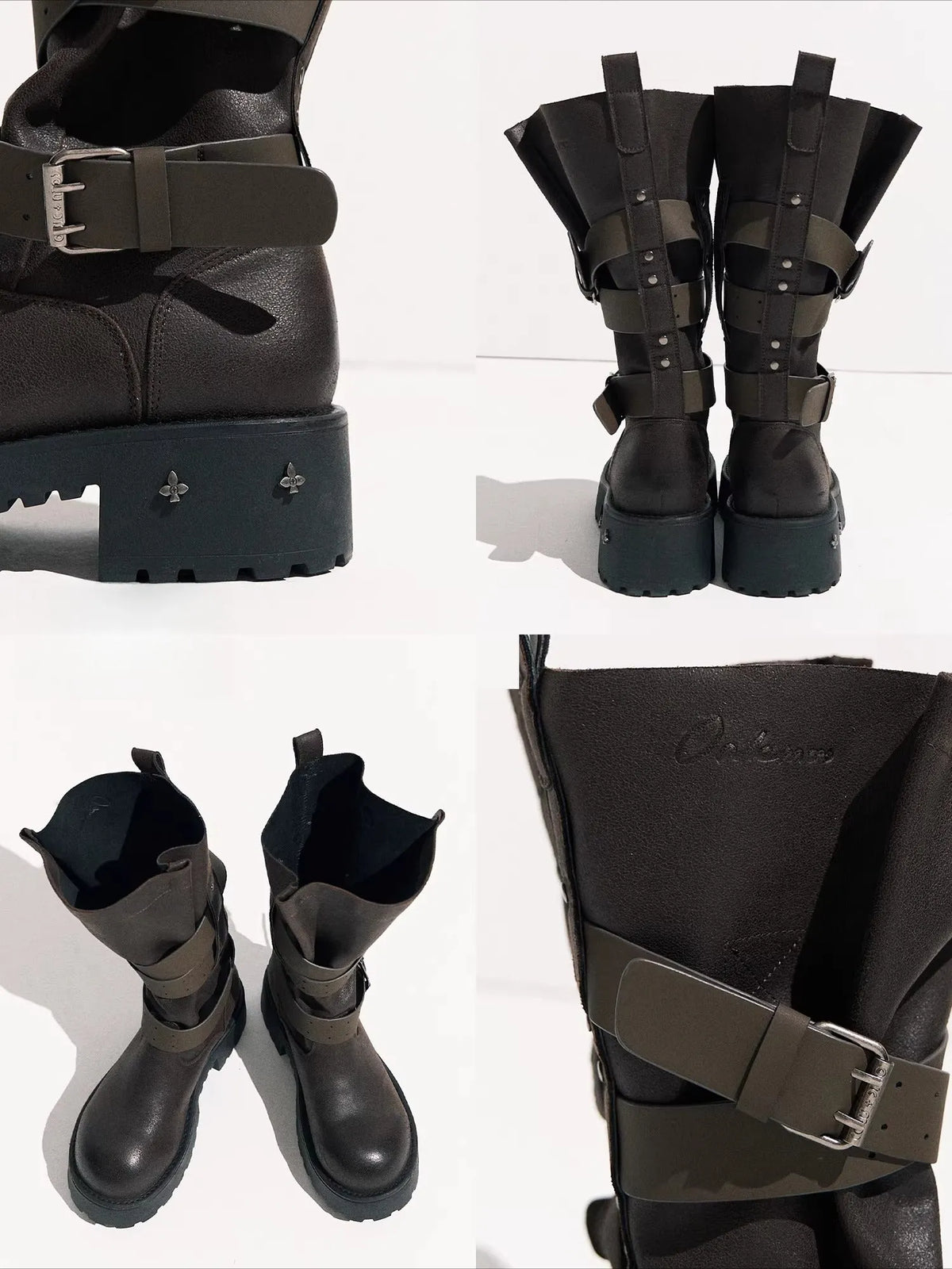 Vintage Petal-Tie Mid-Calf Leather Boots