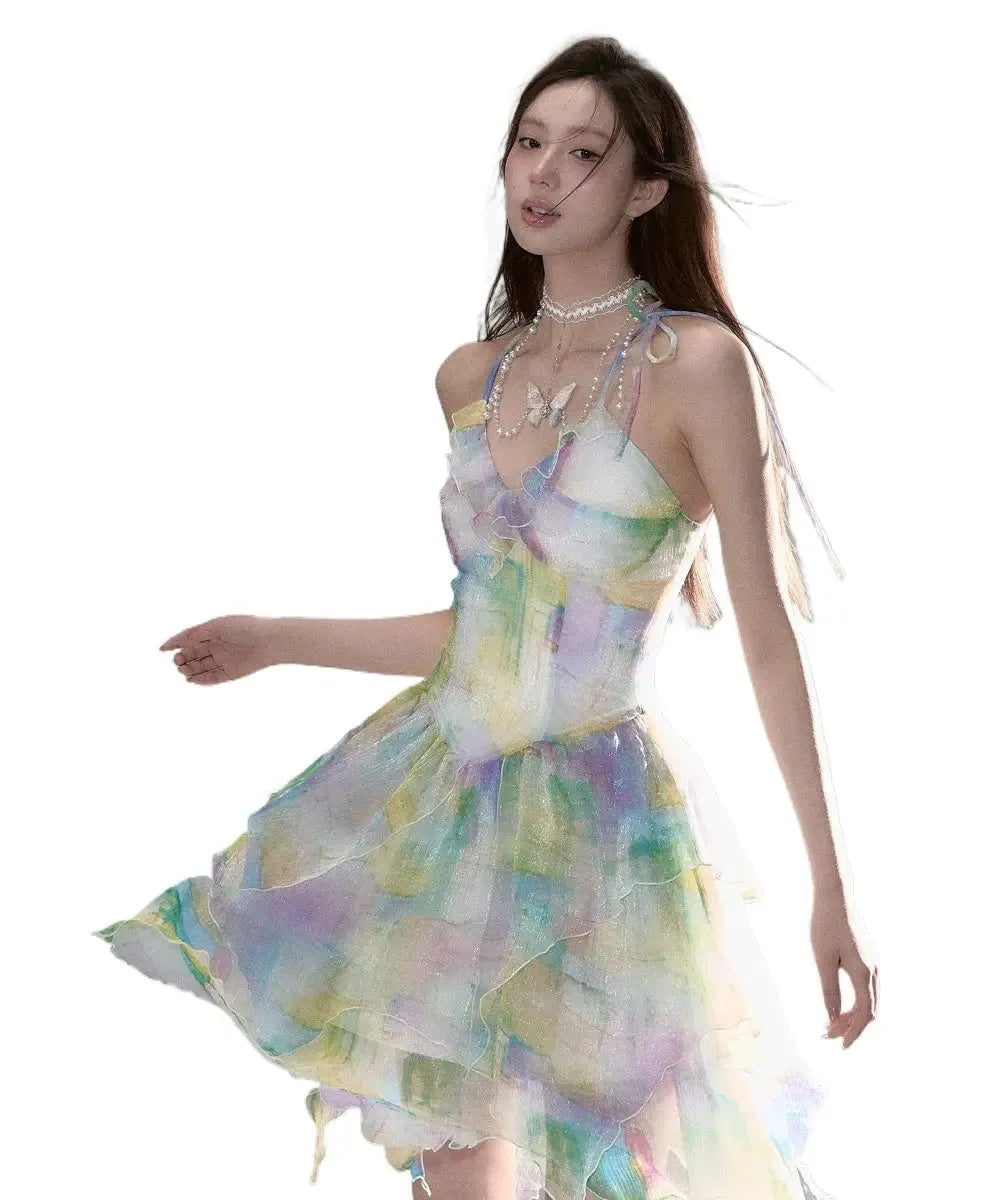 Ombre Colored Mesh Cinched Waist Suspender Maxi Dress