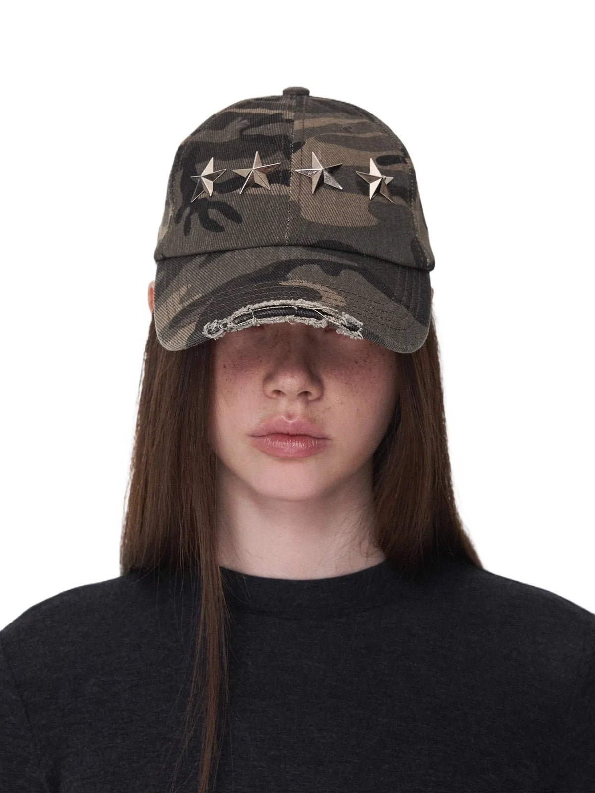 Distressed Star-Studded Camouflage Baseball Cap