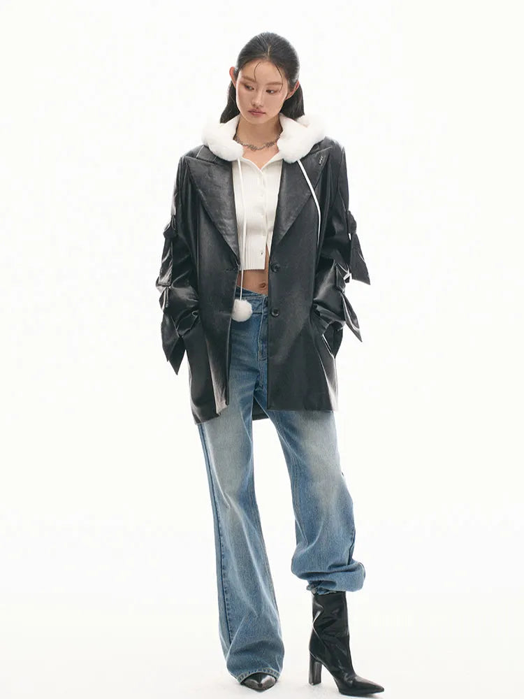 Textured Loose-Fit Embroidered Leather Jacket
