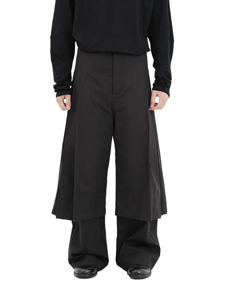 Black & Dark Brown Double-Pleated Skirt Pants