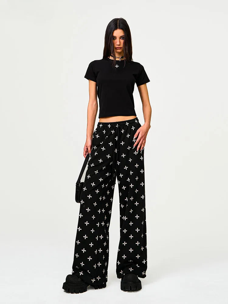 Black & Gray Floral Straigh-Leg Pants