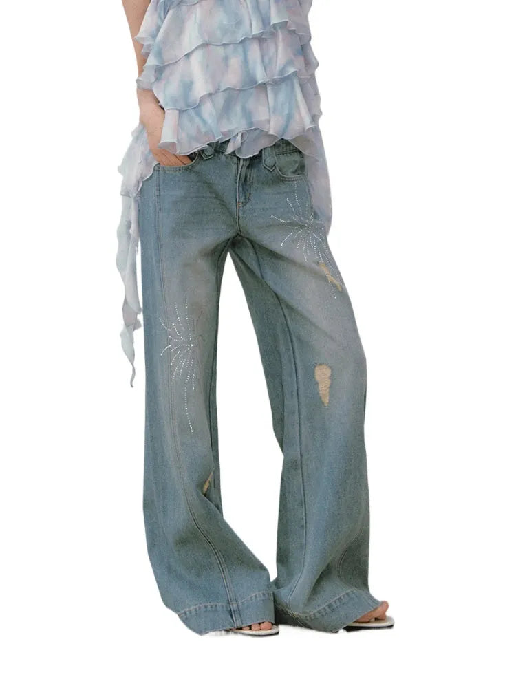 Rhinestone Double-Waistband Straight-Leg Jeans