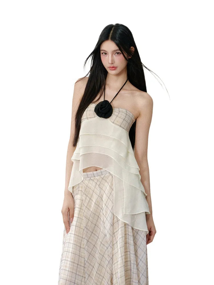Rose Halter Neck Slip Bandeau Tank Top & Skirt Set