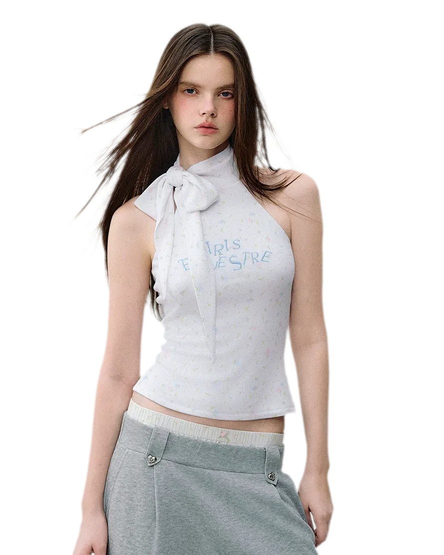 Printed Bow-Tie Halter Cropped Vest