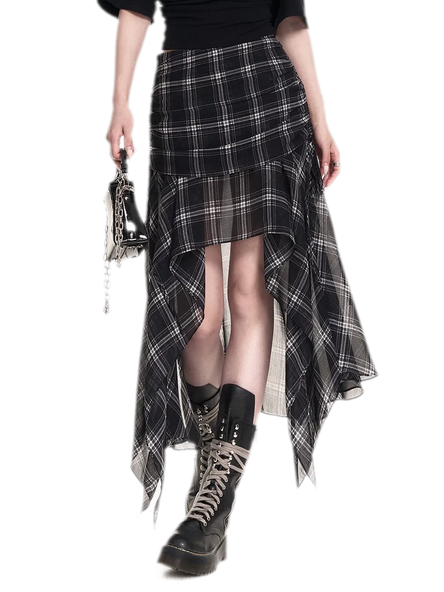 Plaid Asymmetric Midi Skirt
