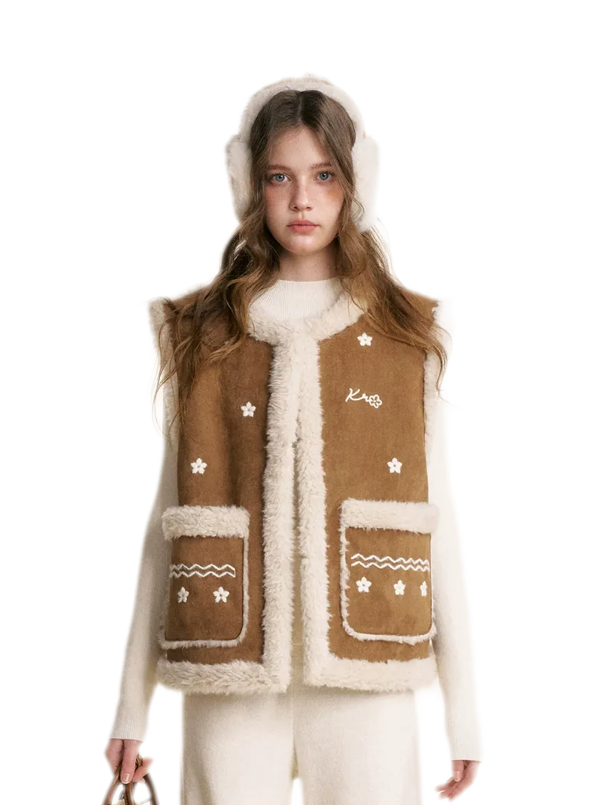 Shearling Floral Embroidered Vest