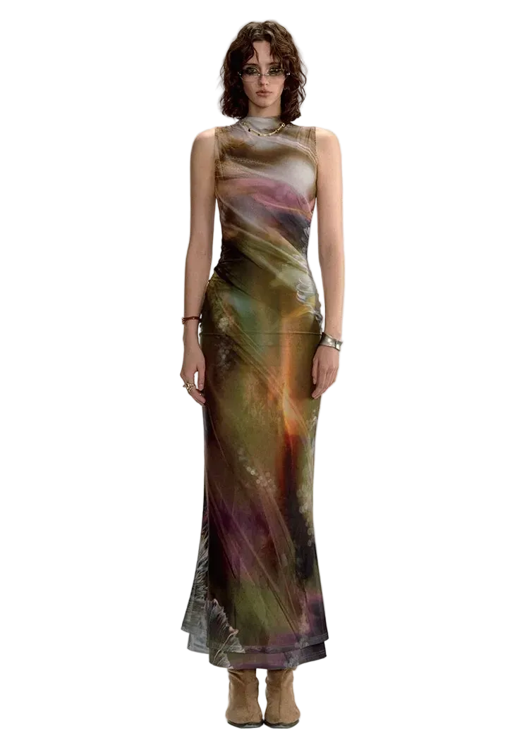 'Poppy' Golden Halo Print Knitted Qipao Dress