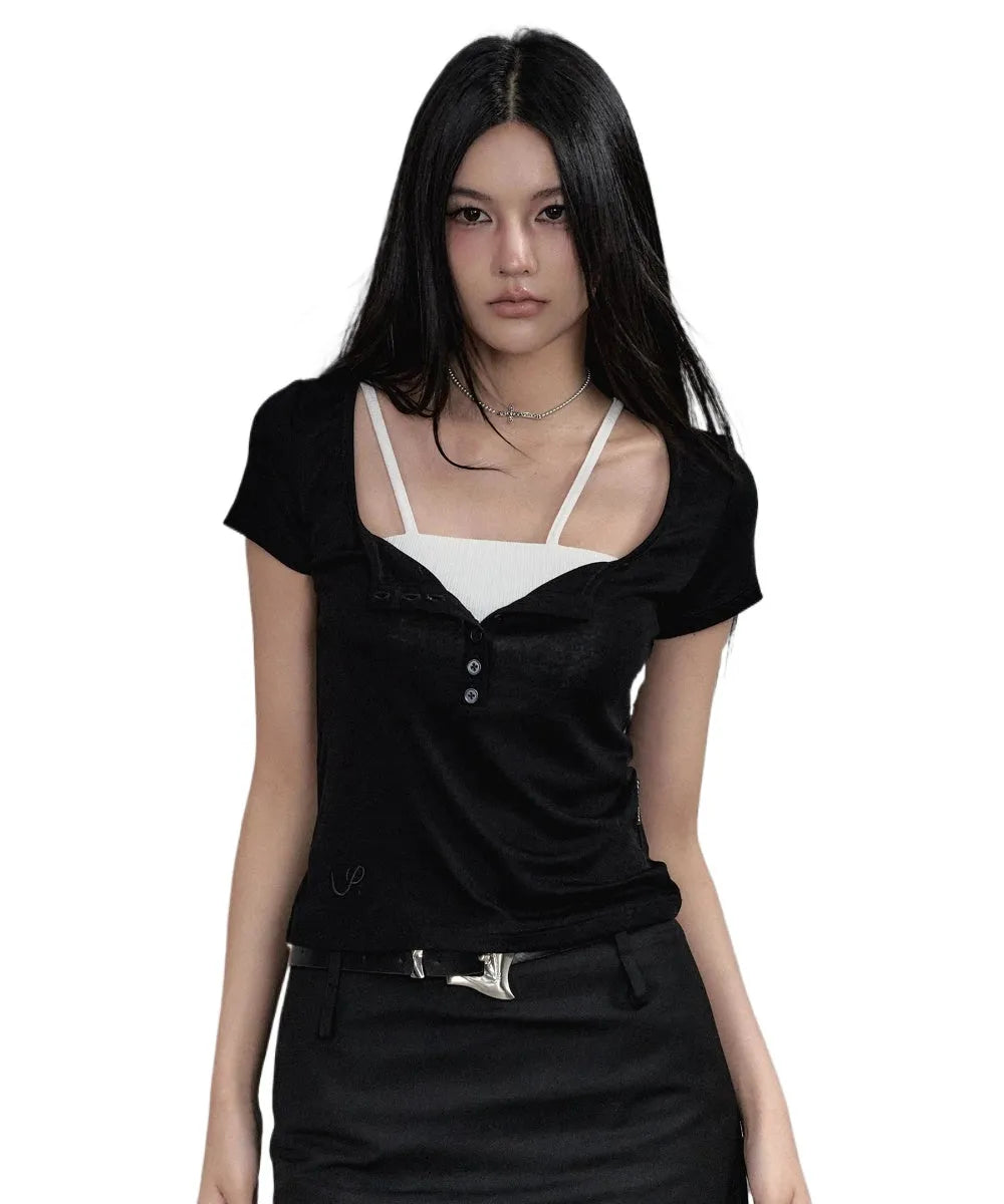 Black & Grey Henley Collar Embroidered T-Shirt