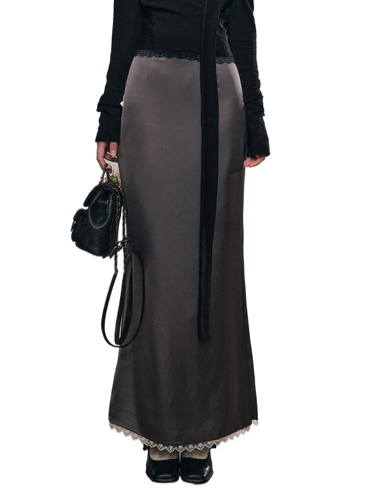 Lace Satin Midi Skirt