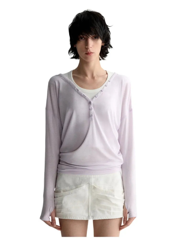 Tencel Linen V-neck Long Sleeve T-shirt