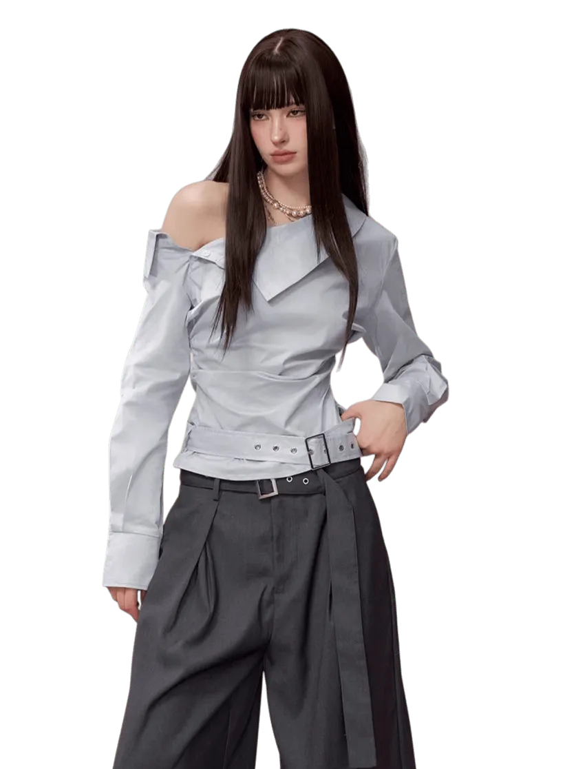 Ruched Belted Cropped Cotton Shirt
