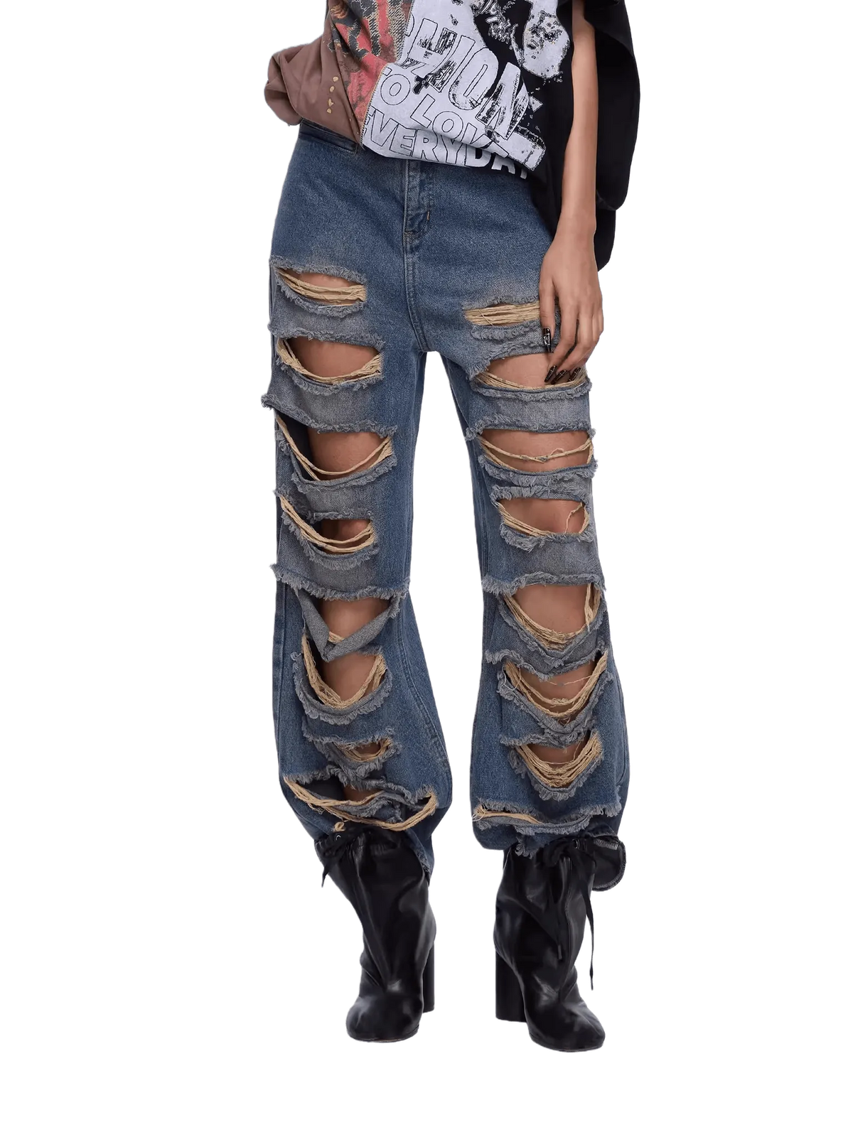 Vintage Washed Distressed Wide-Leg Denim Jeans