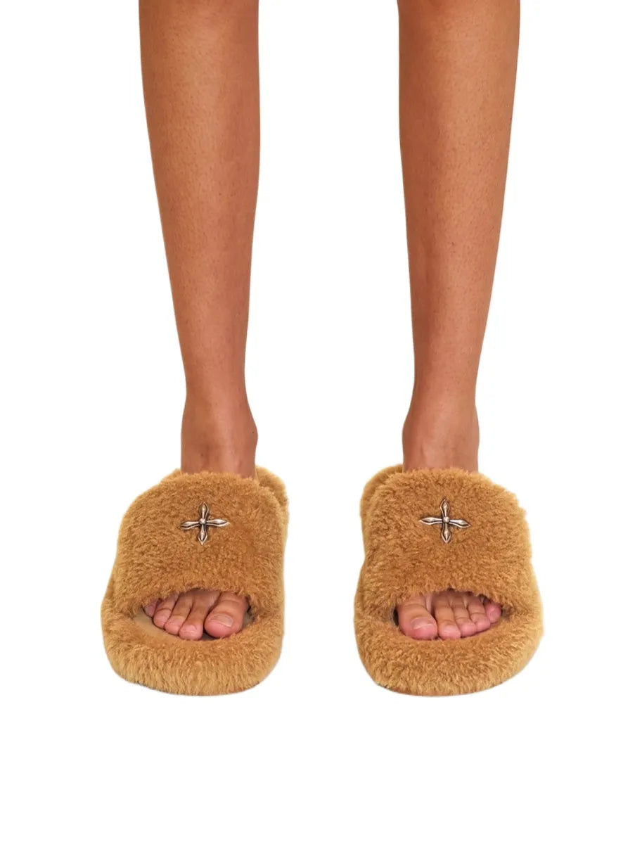 Compass Shearling Slide Sculpted Cross Emblem Sandals